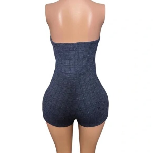 NEW! Blue Tweed Knit Sleeveless Tube Top Pearl Button Corset Shorts Romper - Picture 2 of 5